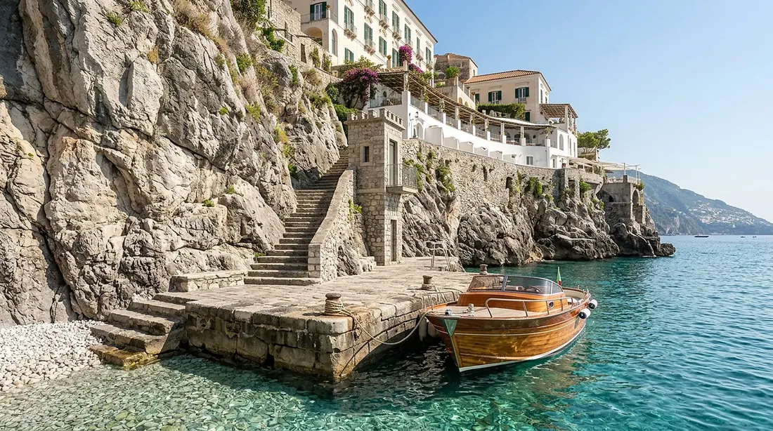 Private stone jetty with a wooden boat below the hotel