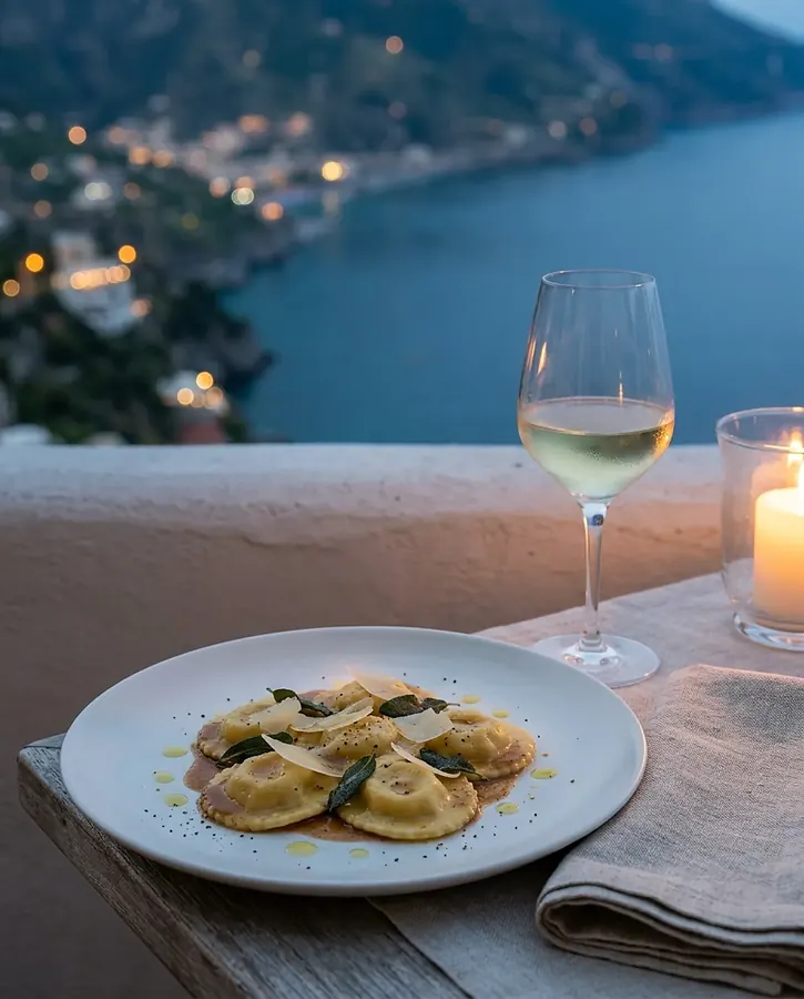 Lemon and ricotta ravioli with brown butter and sage
