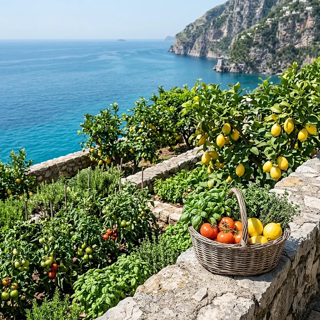 Terraced kitchen garden with lemons and tomatoes above the sea