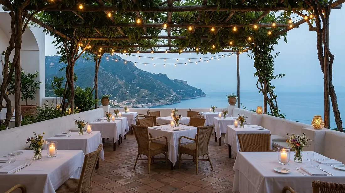 Lume terrace restaurant at dusk under a vine pergola with festoon lights
