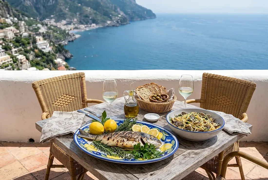 Grilled sea bream and spaghetti alle vongole on a terrace table