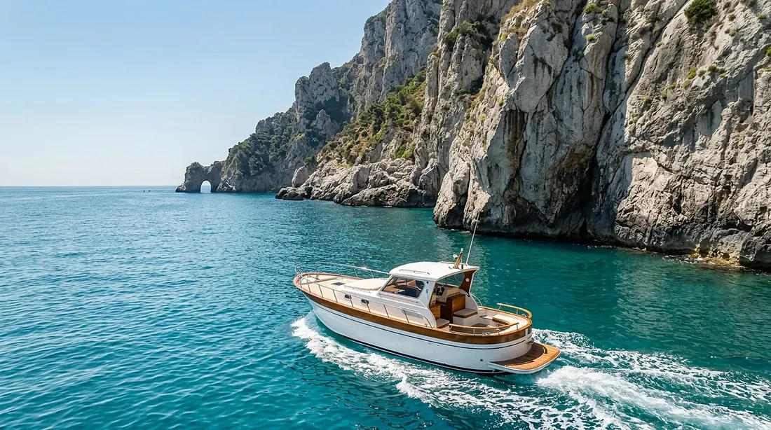 Wooden gozzo boat cruising past limestone cliffs