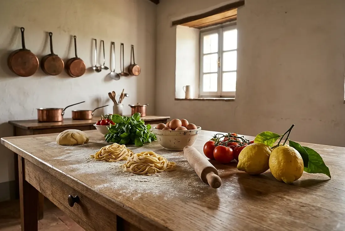 Rustic kitchen table with fresh pasta, lemons and tomatoes