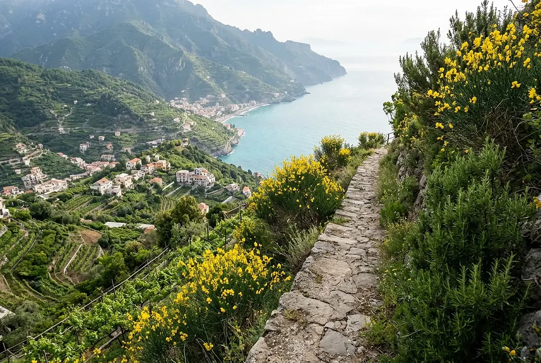 Stone footpath high above the coast lined with yellow broom