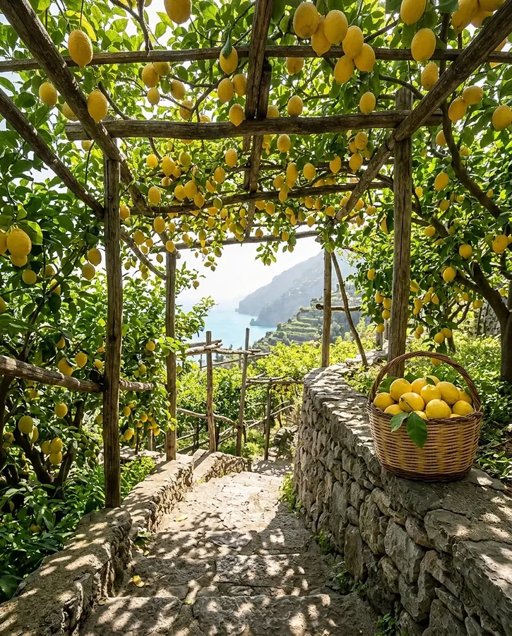 Lemon grove under a wooden pergola with a basket of lemons