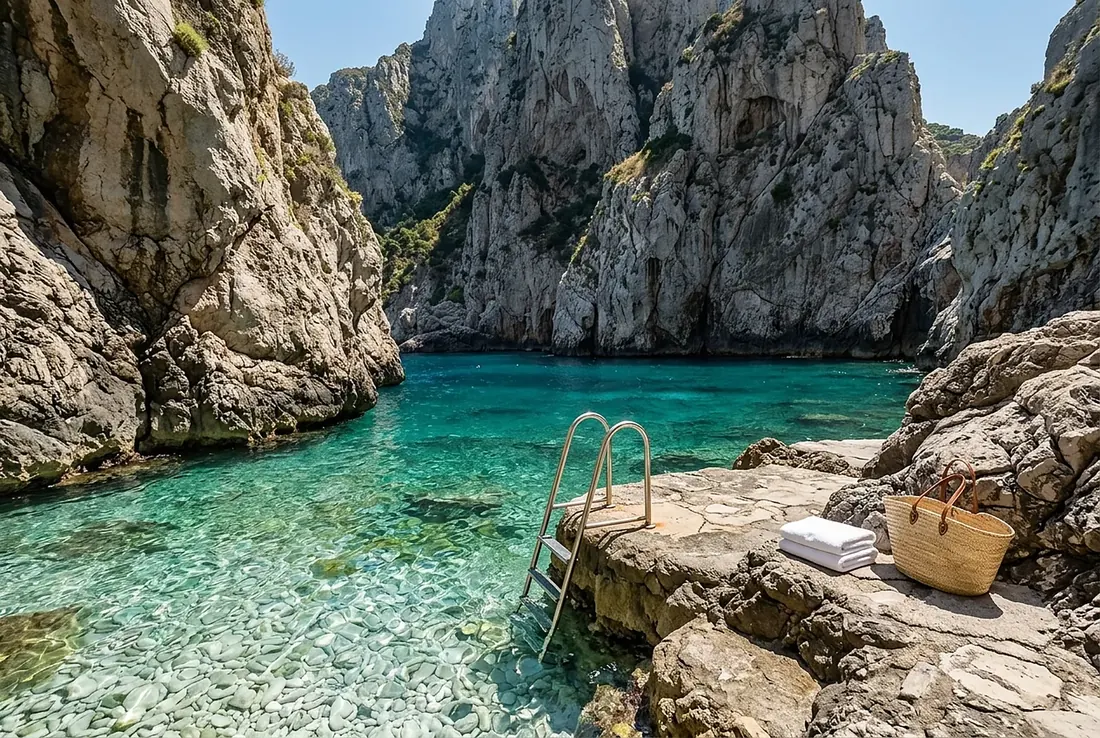Secluded turquoise cove with a stone platform and ladder