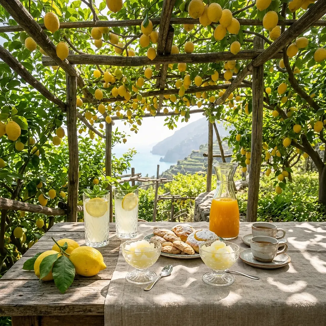 Lemonade, granita, juice and espresso on a table under a lemon pergola