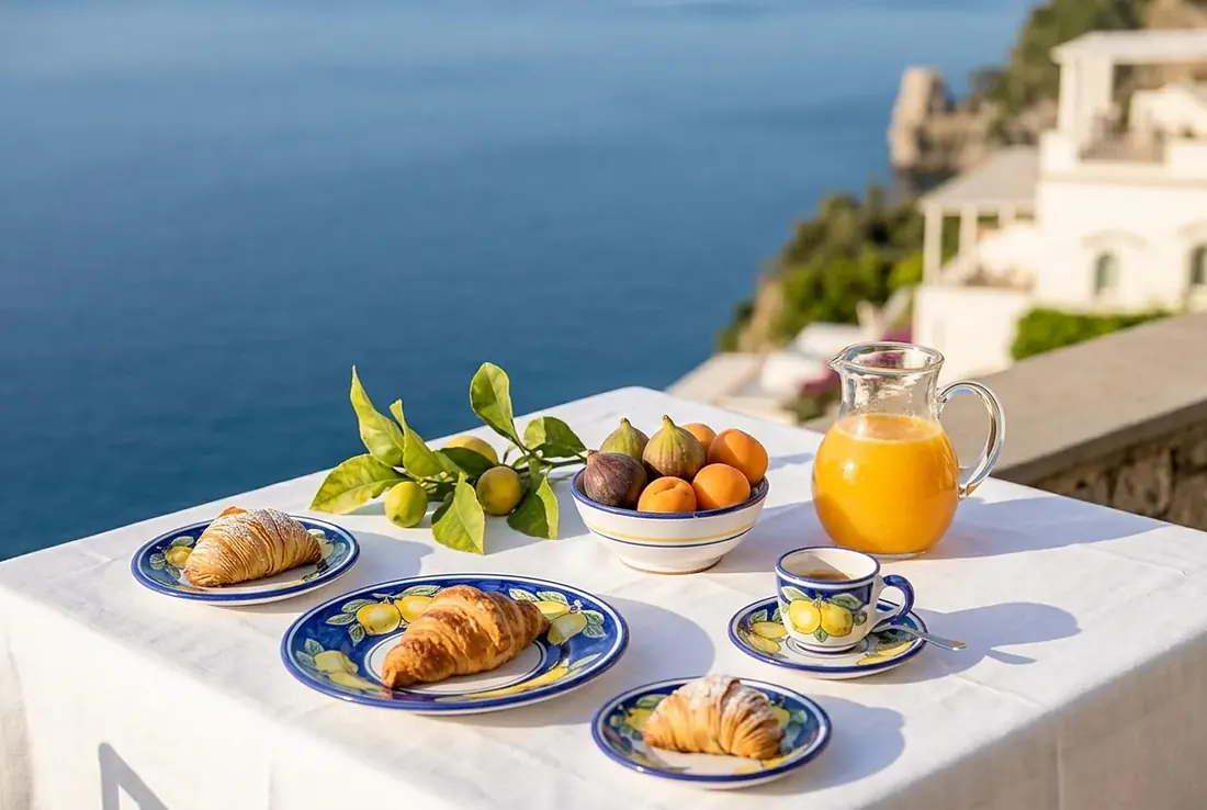 Breakfast with pastries, figs and orange juice on a sea-view terrace