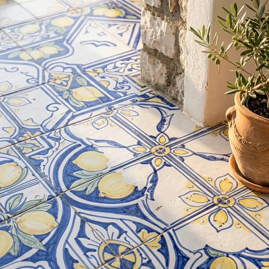 Hand-painted majolica tiles with lemon patterns