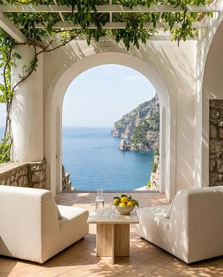 Arched stone terrace with linen chairs framing the sea