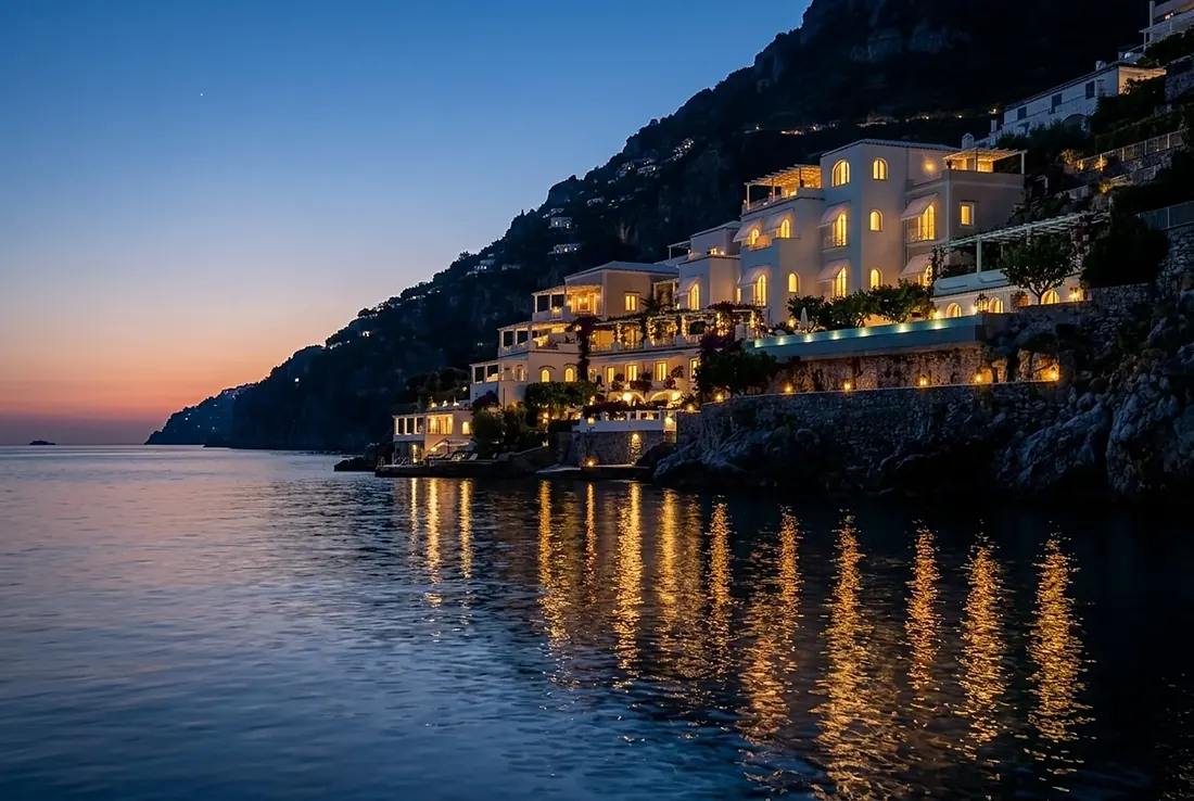 The hotel glowing on the cliff at blue hour, seen from the sea