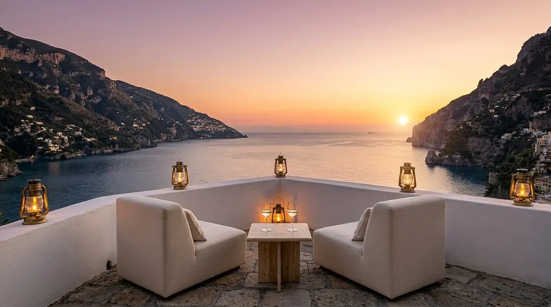 Sunset over the sea from the hotel's top terrace with lanterns