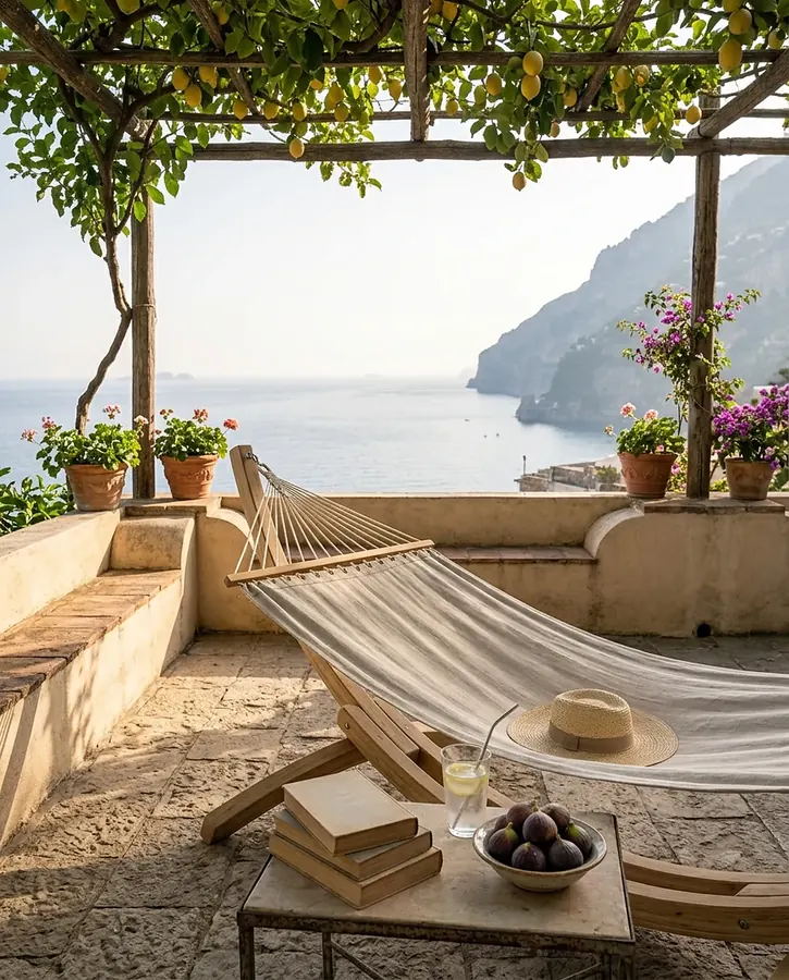Linen hammock under a vine pergola facing the sea