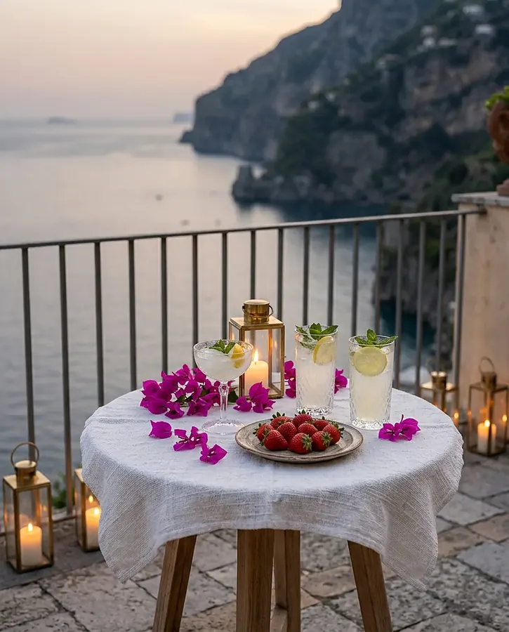Romantic candlelit table on a terrace at dusk