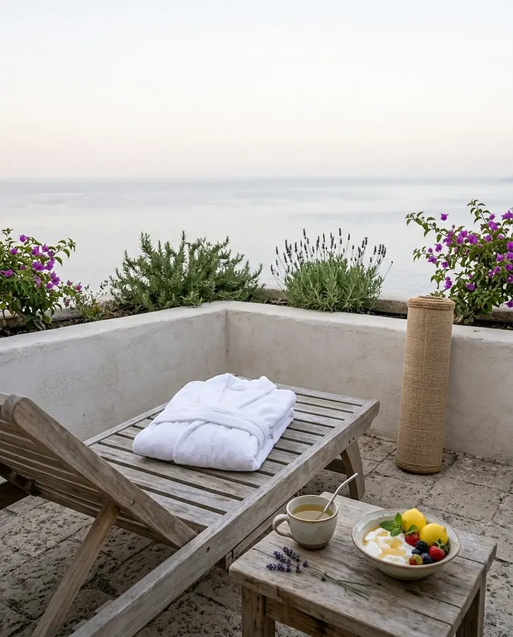 Wellness breakfast and a white robe on a quiet terrace