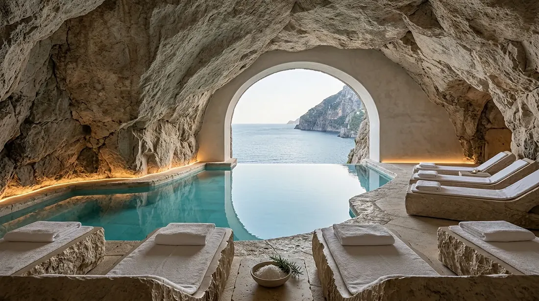 Spa pool carved into limestone with an arched opening to the sea