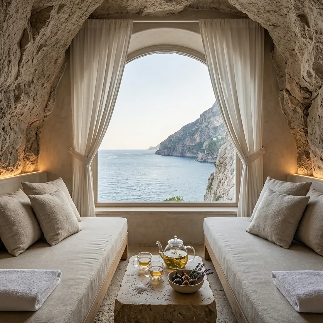 Relaxation lounge with linen daybeds facing the sea