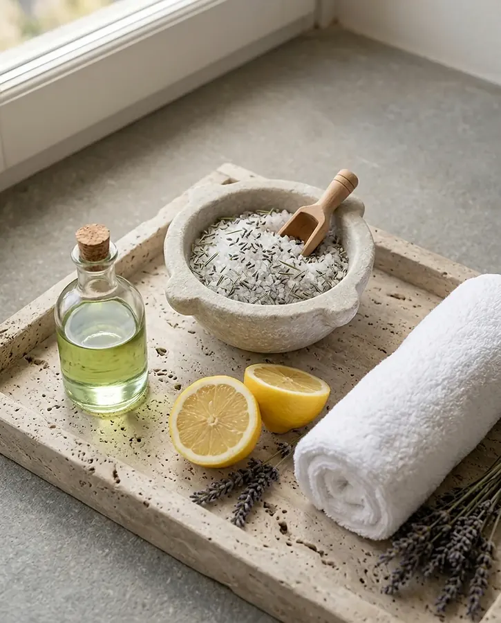 Sea salt, lemon and olive oil ritual ingredients on a travertine tray