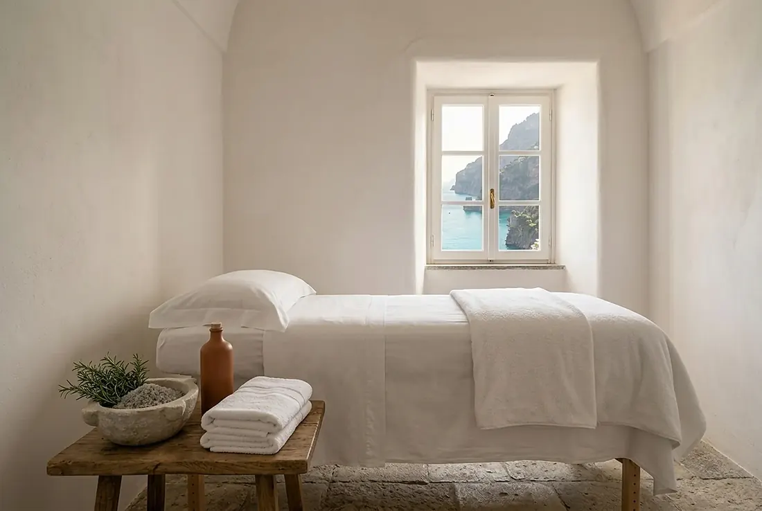 Spa treatment room with a massage bed facing a small sea-view window