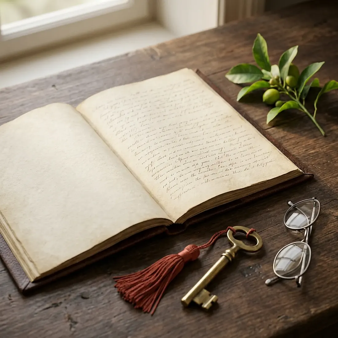 Old guest book, brass key and reading glasses on a wooden desk