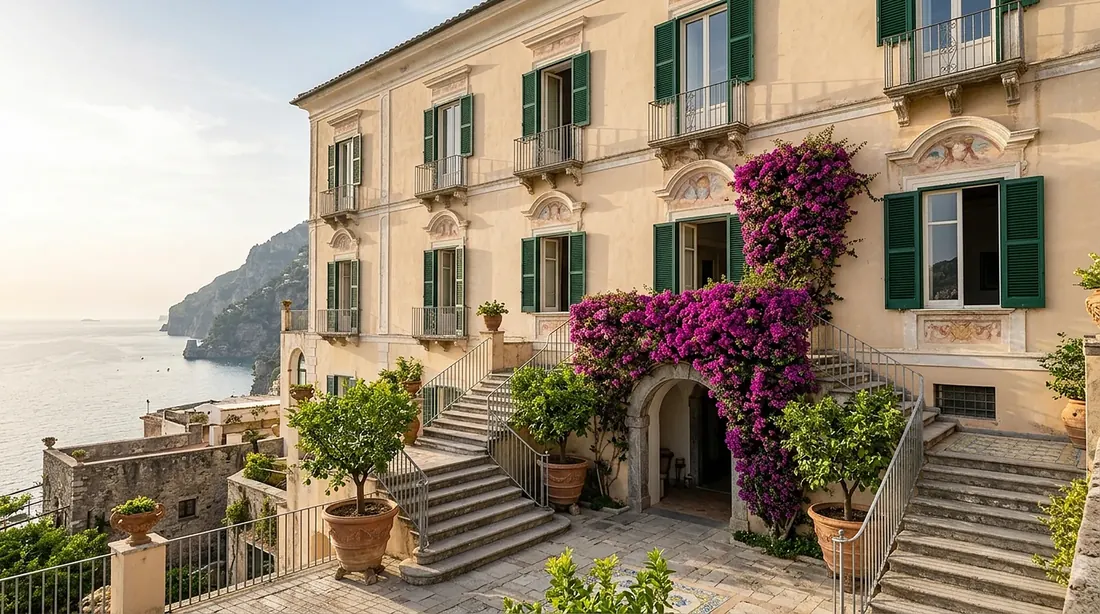 Ochre façade of the historic villa with green shutters and bougainvillea