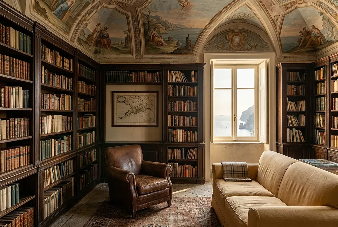 Library lounge with frescoed ceiling, bookshelves and a sea-view window